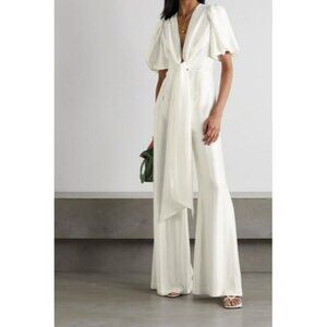 Galvan London Eden Deep V Wide Leg White Satin Bridal Jumpsuit Puff Sleeve Bride